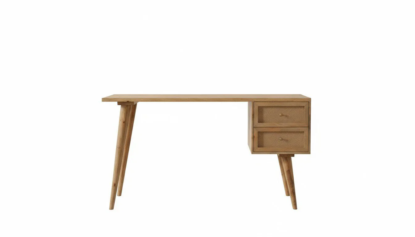 Artisan Cane Detail Desk - White BG Front View