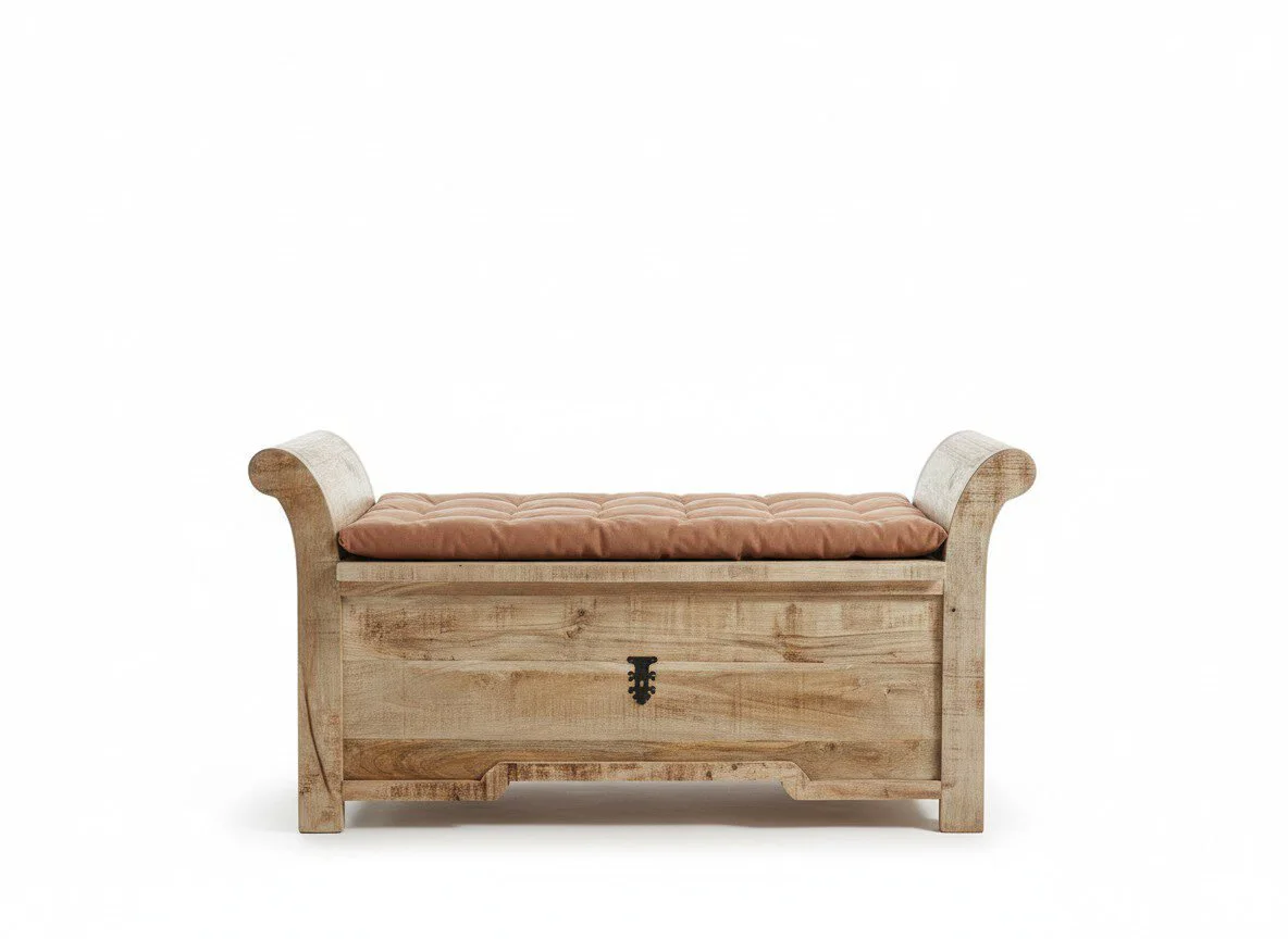 Artisan Carved Heritage Bench Chest - White BG Front View