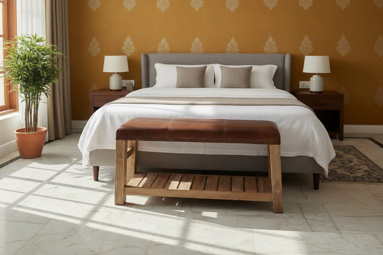 Artisan Leather Bench with Rustic Wood Base - Heritage Room Wide