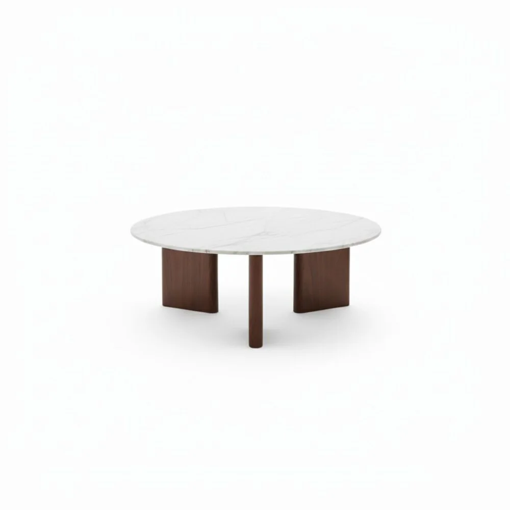 Sculpted Marble and Walnut Statement Table - White BG 45° Corner